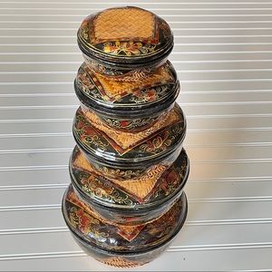 1970 Round With Lids Lacquer Bamboo Baskets - Set of 5